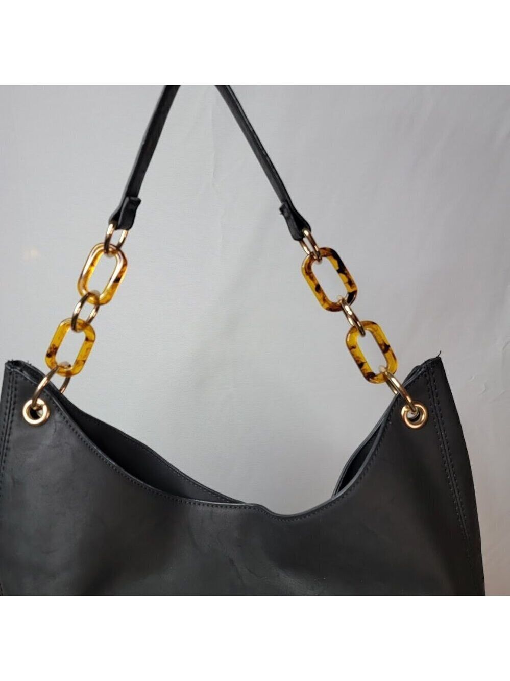 Est. 1946 Black Faux Leather Hobo Bag – Tortoise Chain Shoulder Strap - Picture 4 of 7